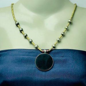 Metal And Wooden Beaded Chain Pendant Necklace, Handmade Light Weight Pendant